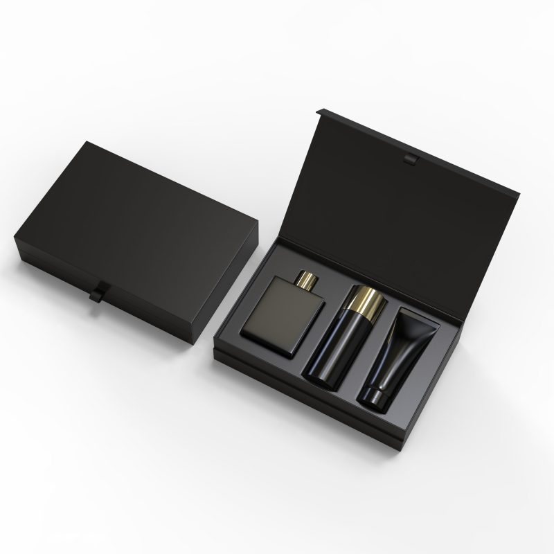 Blank cosmetic gift set box for branding, 3d render illustration.