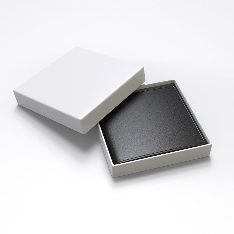 Blank Bi fold Flip Style Leather Wallet Packaging Box For Branding. 3d render illustration.