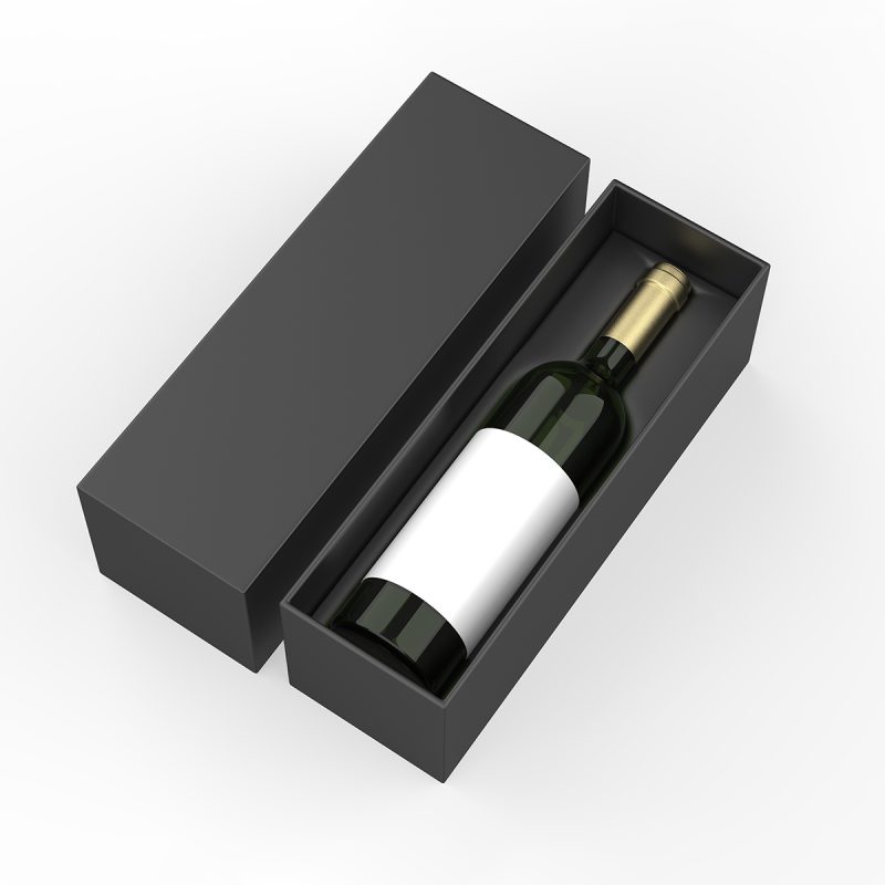 Wine bottle with blank label and hang tag with paper box packaging for branding and mock up. 3d render illustration