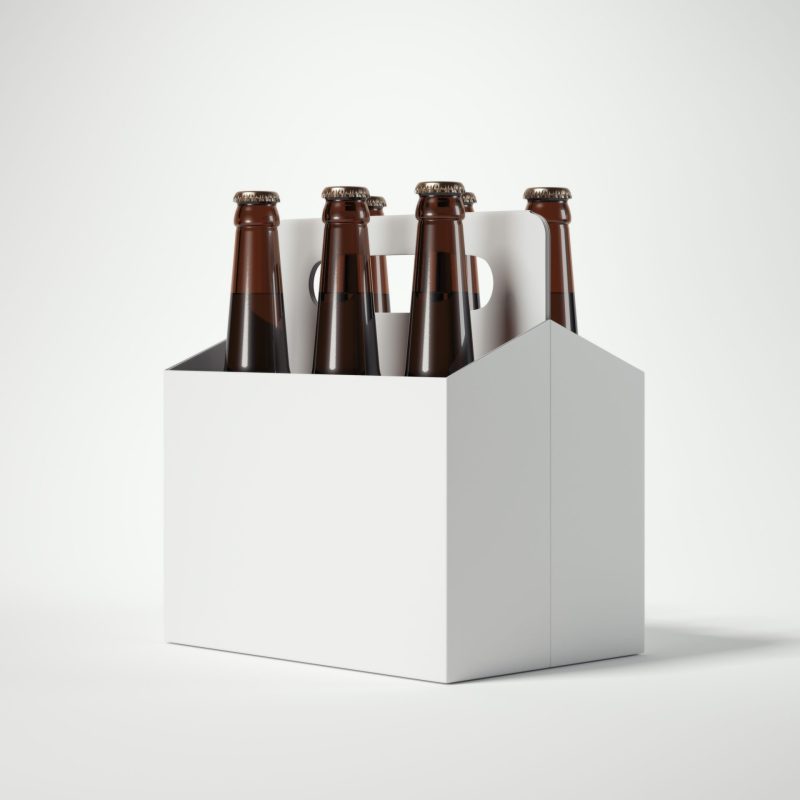 White,Blank,Beer,Packaging,With,Brown,Bottles,On,White,Floor.